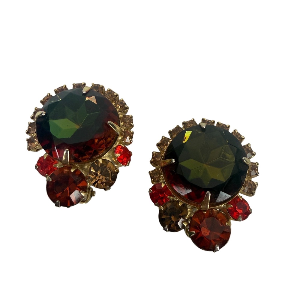 Vintage Tara Signed Rhinestone Clip On Earrings Green Red Amber Gold Cluster